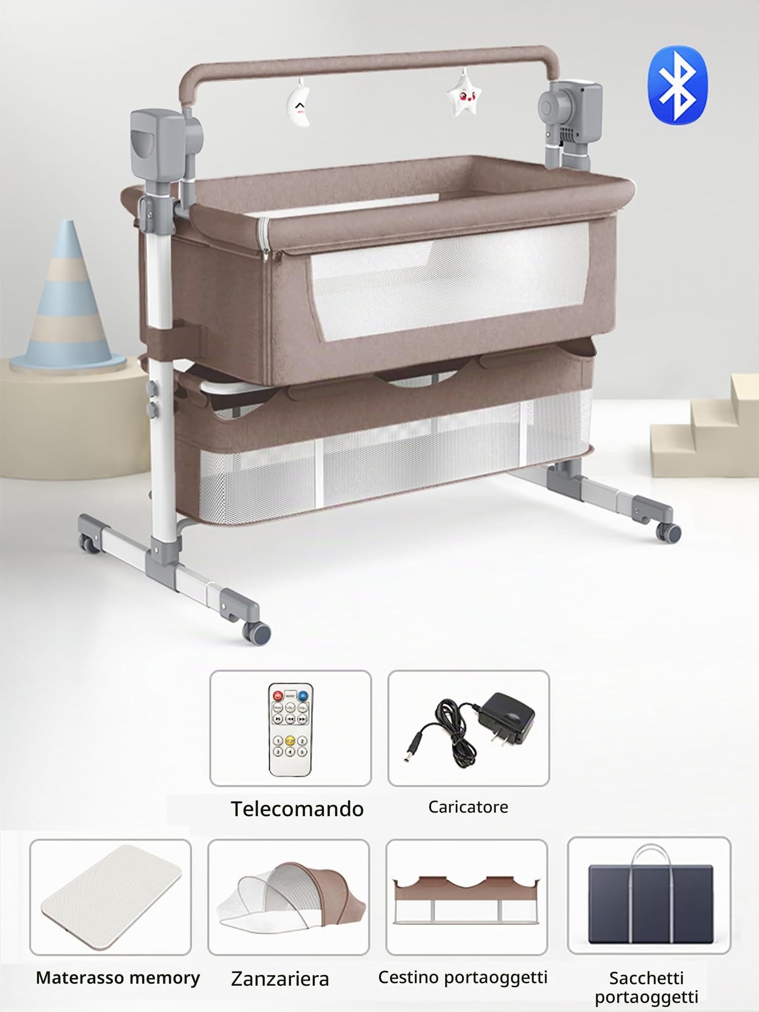 Magic ZC Elettrico Bluetooth Intelligente Culla Neonato Next to me, Convertibile Culla Co-sleeping, Telecomando e 5 Ingranaggi Oscillanti, Pieghevole Neonato Fianco Letto con Musica (601 Khaki)