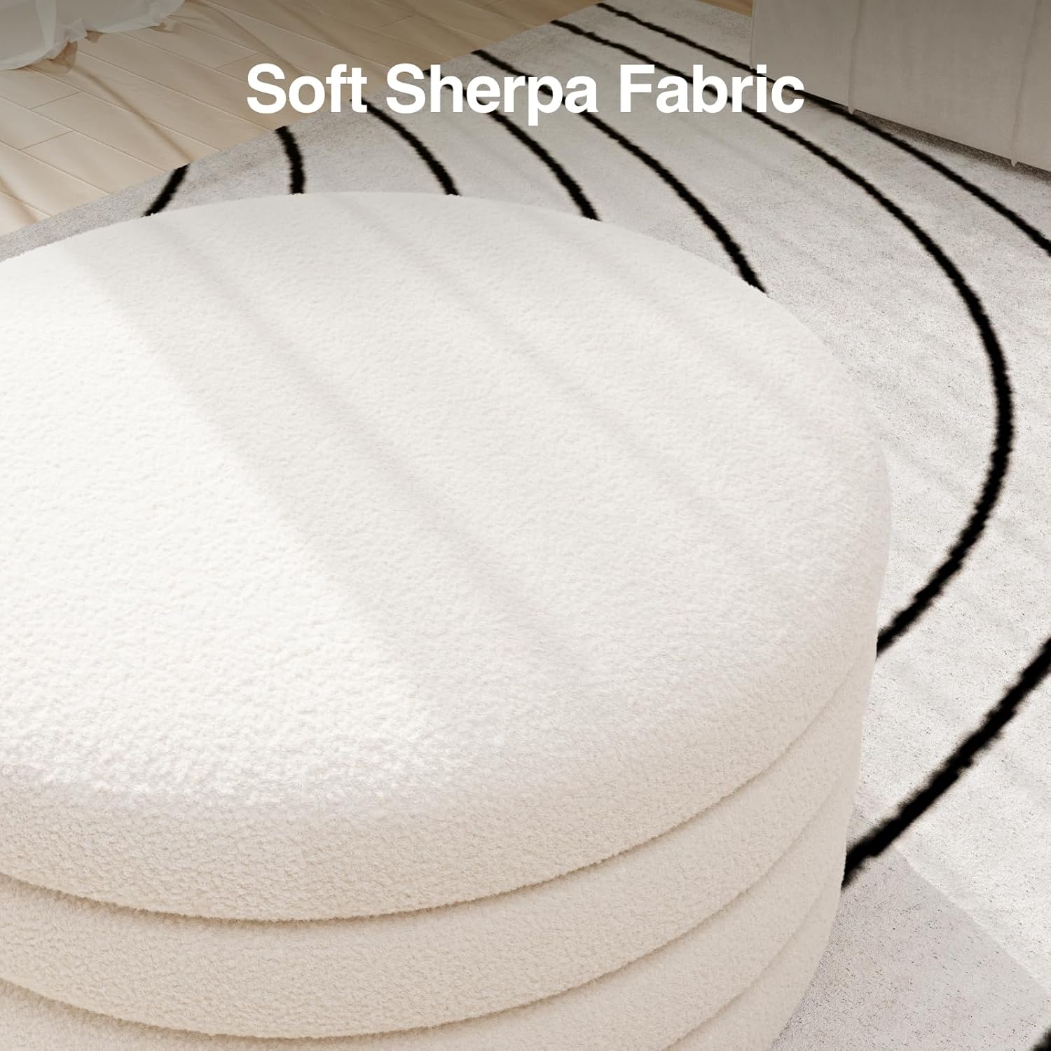 30 Inch Round Ottoman Coffee Table with Storage, Large Sherpa Storage Coffee Table Ottoman with Tray, Multi-Functional Cozy Modern Foot Rest for Couch, Living Room，Cream White