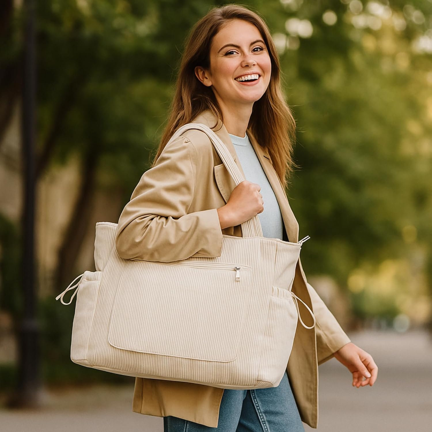 Tote Bag for Women Large Corduroy Tote Work Bags with Compartments Shoulder Bag Handbag for Travel, Teacher Nurse - Image 2