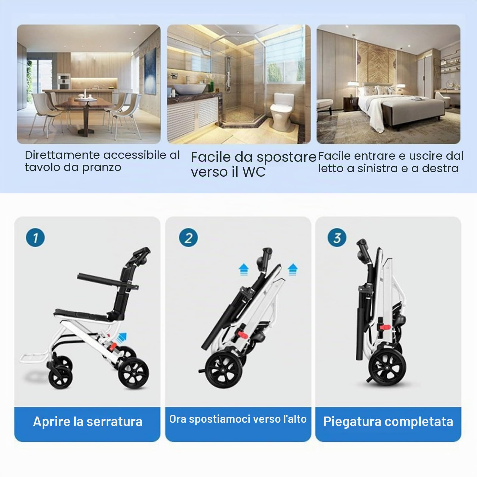 Sedia a rotelle portatile, leggera, da viaggio, pieghevole, compatta, con struttura in acciaio al carbonio, freno a mano integrato, ruote a 360 gradi per adulti e bambini