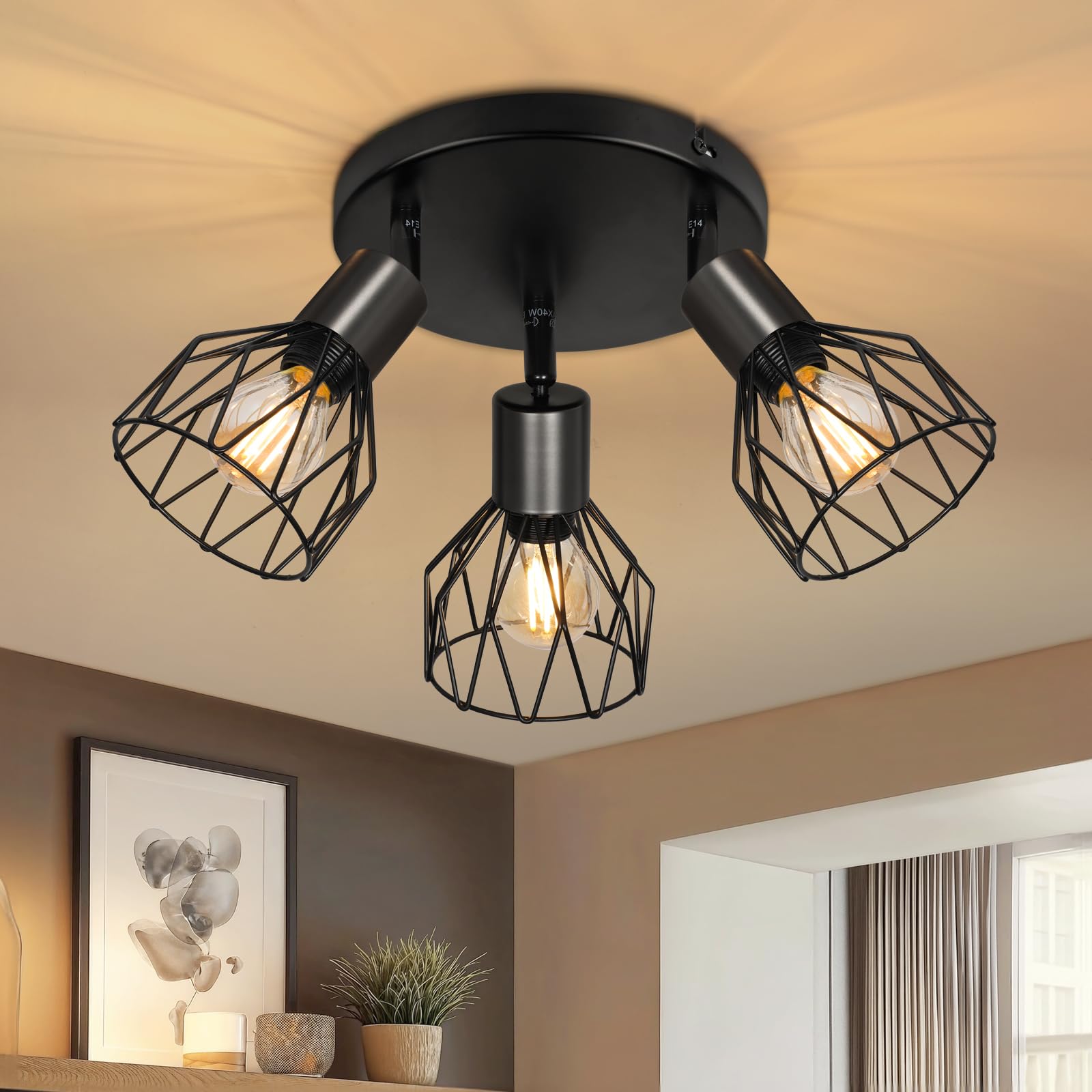 Kimjo LED Deckenleuchte 3 Flammig, E14 Deckenlampe Strahler Rund, Schwarz | E14 Deckenstrahler 3 Flammig Schwenkbar, Modern Deckenspots Lampe Decke für Schlafzimmer Küche Flur, Ohne Leuchtmittel