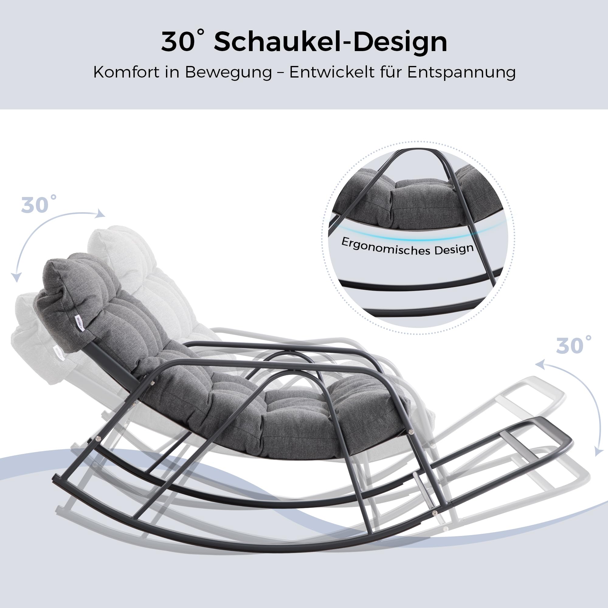 IRONCK Patio-Schaukelstuhl mit Kissen, Übergroßer Garten-Schaukelstuhl mit Armlehnen und Fußstütze, Moderner Lounge-Stühle für Wohnzimmer, Garten, Terrasse & Balkon, Grau
