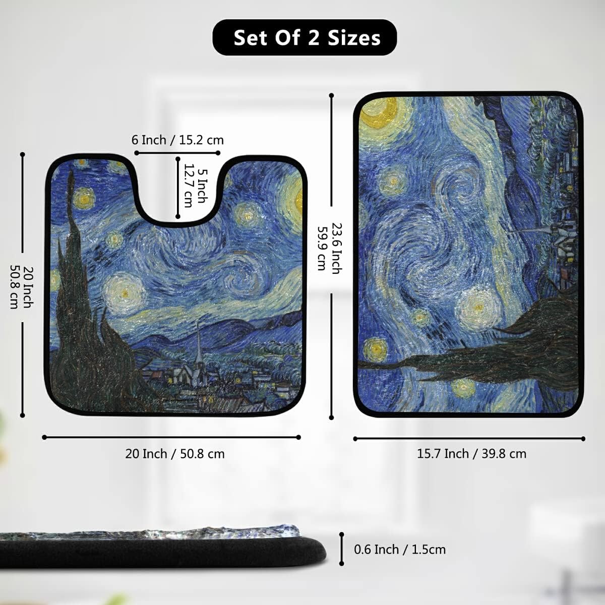 OREZI Van Gogh Painting Blue Starry Night Bathroom Rug Set 2 Piece Non-Slip Bath Runner U-Shaped Contour Toilet Mat Bath Rug Water Absorbent,Machine Washable