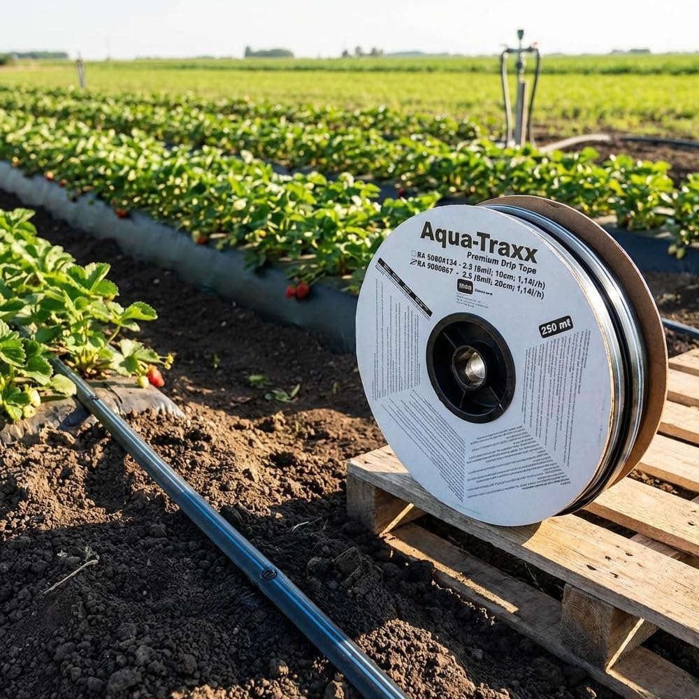 Suinga Cinta de Riego por Goteo 16mm Plana | Rollo de 250 metros | Goteros integrados a 20 cm | Ideal para Cultivos en Hilera, Huertos y agricultura | Sistema de Riego Eficiente