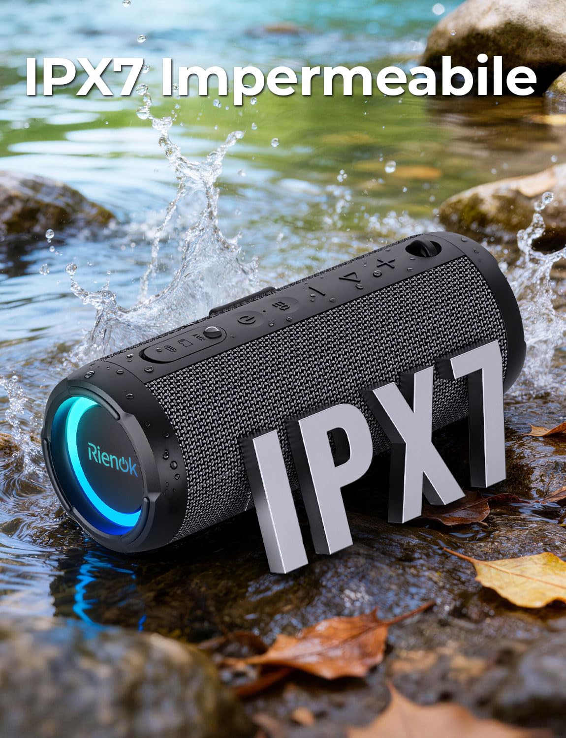 RIENOK Cassa Bluetooth Potente Portatile 40W IPX7 Impermeabile Altoparlante Bluetooth con Equalizzatore, 30 Ore di Autonomia, Bassi Potenti, Chiamate in Vivavoce, Luce LED, Supporta AUX e TF