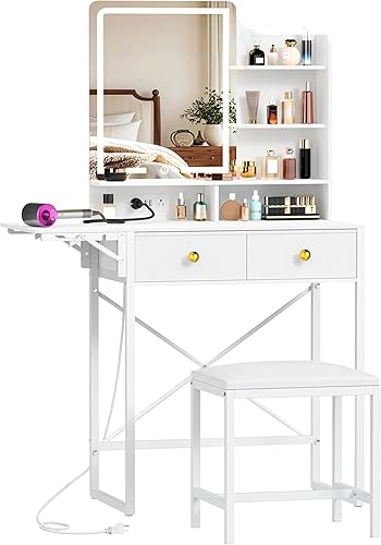 Escritorio de tocador de maquillaje con silla, pequeño escritorio de tocador con espejo y luces, mesa de tocador con estación de carga y panel