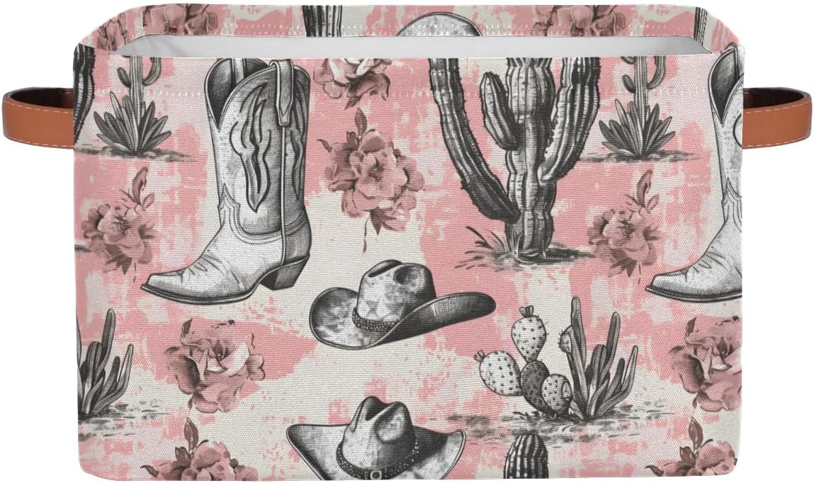 Western Cowboy Rectangle Storage Basket Cactus Foldable Storage Bin Cubes with Handles Large Organizer Bins Boxes Toy Closet Shelf Nursery Laundry Basket, 1 Pcs