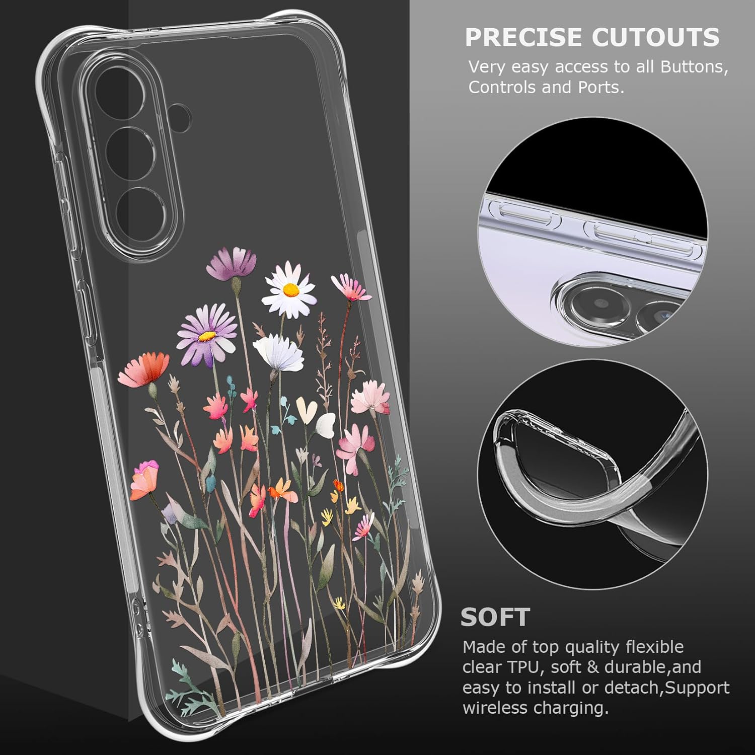 Floral Clear Case for Samsung Galaxy A36 5G for Women Girls,Pretty Phone Cover for Galaxy A36 5G,Flower Design Cute Pattern Slim Soft Drop Proof Protective TPU Bumper Case,FL-37 - Image 4