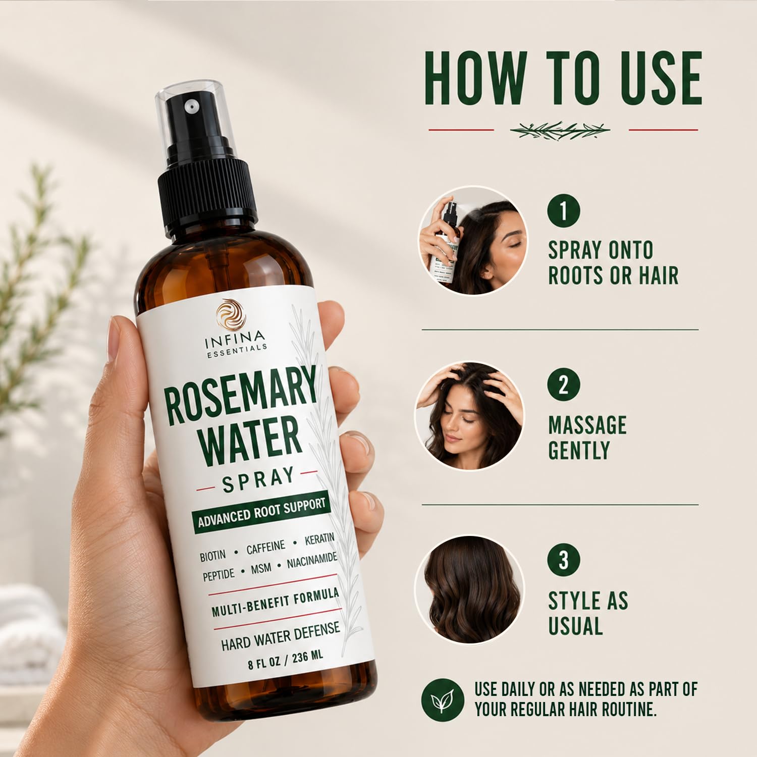 INFINA ESSENTIALS Rosemary Water Spray for Hair Growth, 8 fl oz | Hard Water Mineral Defense, Biotin, Caffeine, Keratin & Niacinamide, Lightweight Leave-In, Scalp Mist, Root Enchancer