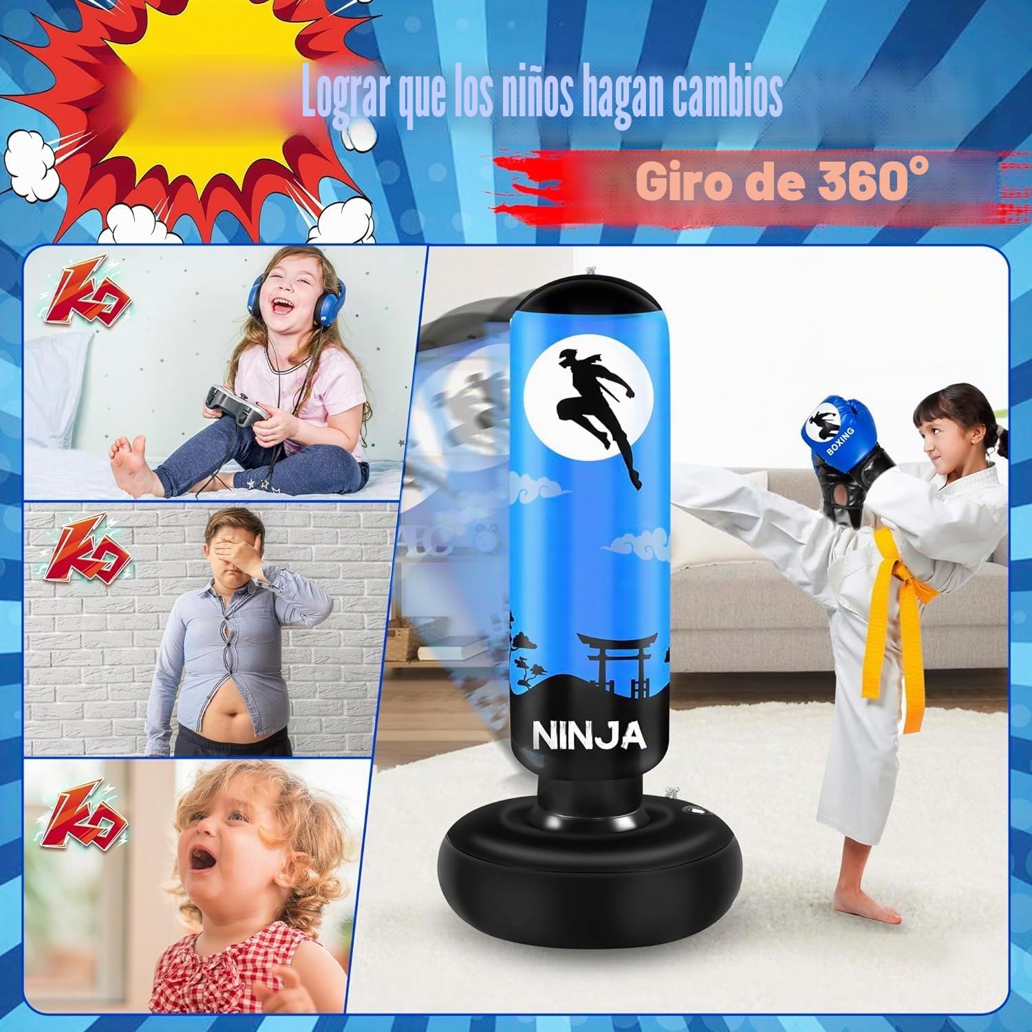 Saco de Boxeo, Bolsa de Boxeo Independiente 168cm, Incluye Guantes de Boxeo y Bombas Inflables Manuales, Saco de Boxeo para Niños de 5 a 12 años, Juego de Boxeo
