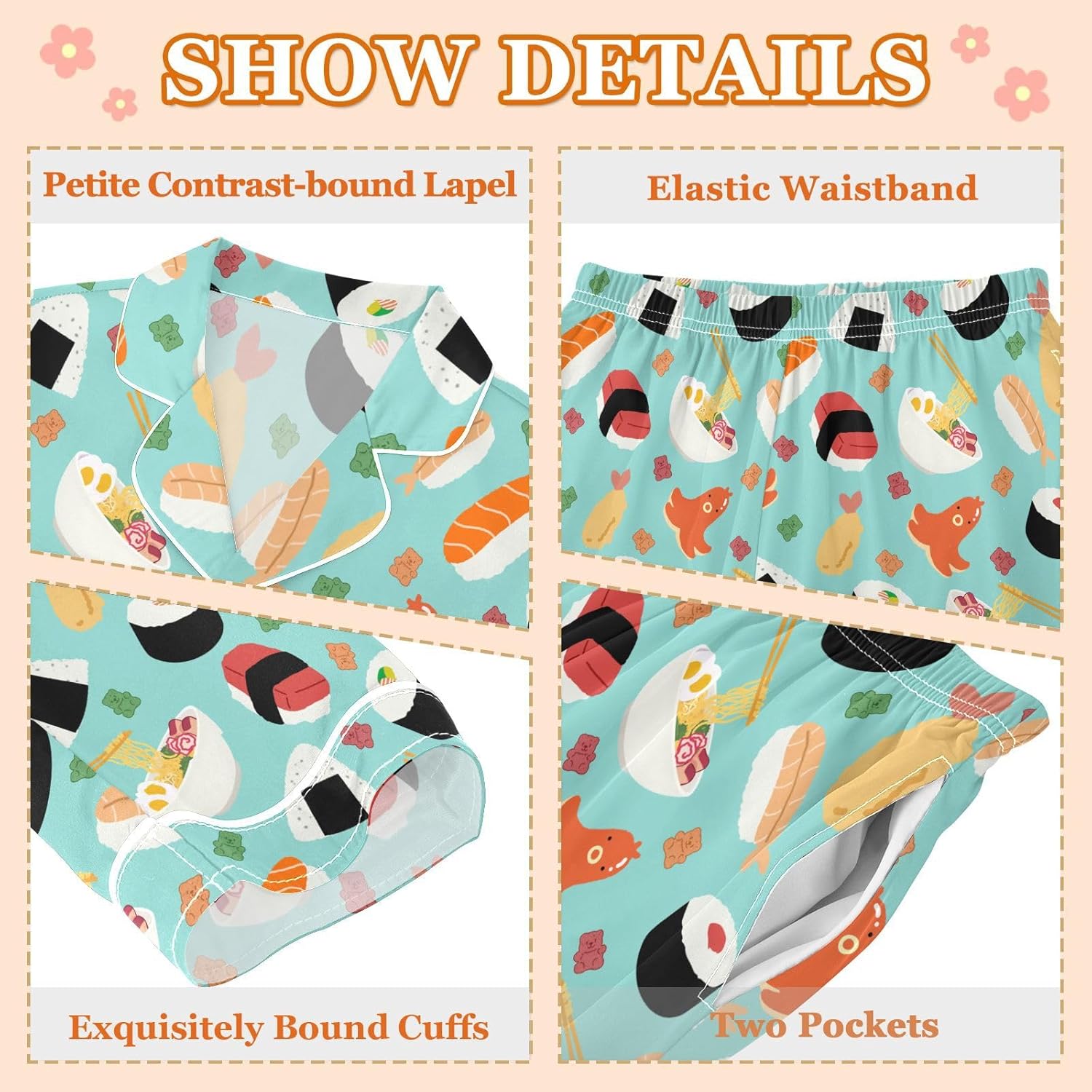 senya Delicious Sushi Dim Sum Satin Pajama Sets Long Sleeves Nightwear Button Down Sleepwear