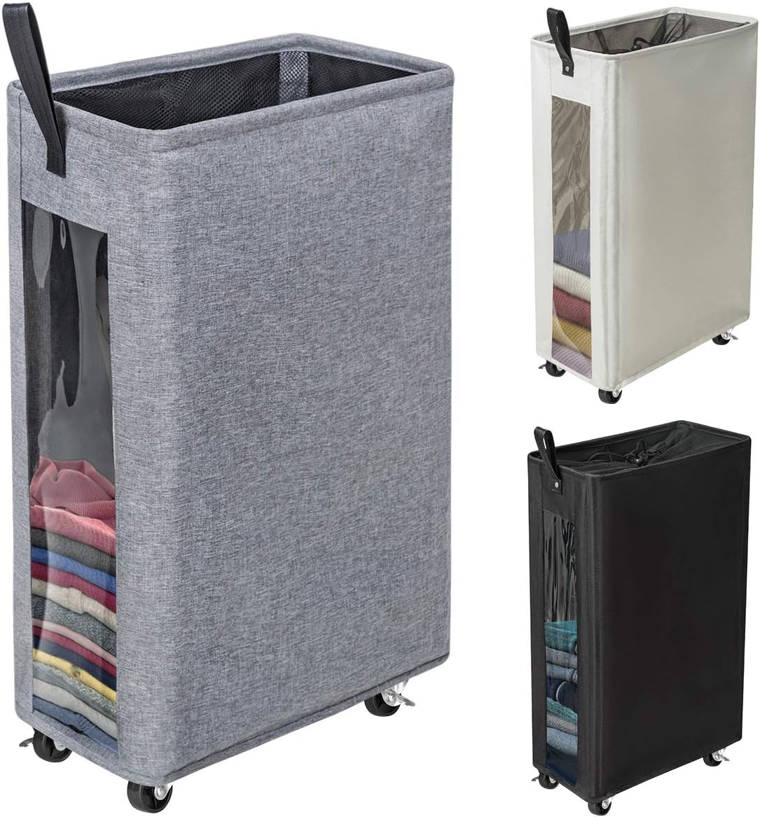 ZERO JET LAG 25 Inches Slim Laundry Storage Hamper - Large Rolling Clothes Hamper - Rolling Storage Bin - Tall Corner Basket - Clear Window Visible - Dirty Laundry Bin - Heather Gray