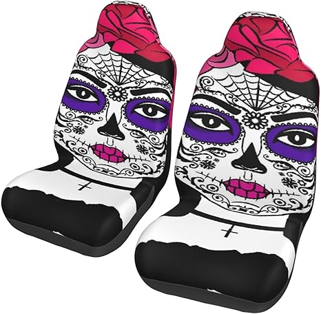 Girl Sugar Skull Makeup Calavera Catrina Universal Car Seat Covers 2-Piece Set - Stretch-to-Fit Front Seat Protectors for Cars, Trucks & Suvs