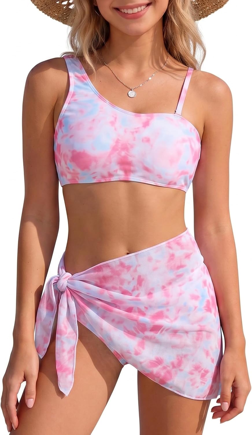 Bathing Suits for Teen Girls, Summer Swimsuit Tie Dye 3 Piece Bikini Set with Beach Mesh Skirt 7-16T