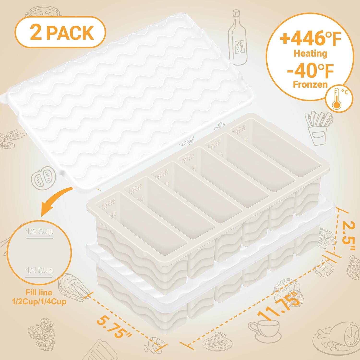 1/2 Cup Silicone Freezer Molds with Lid, 2-Pack Silicone Freezer Trays for Soup, Sauce & Broth – Meal Prep Containers, Large Ice Cube Tray, Oven & Dishwasher Safe