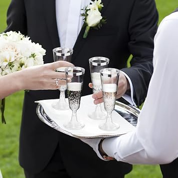 Ruisita 120 Pack 5 Ounces Plastic Champagne Flutes Disposable Plastic Champagne Glasses for Parties Clear Toasting Flutes Cocktail Cups for Wedding, Anniversary, Birthday (Silver)
