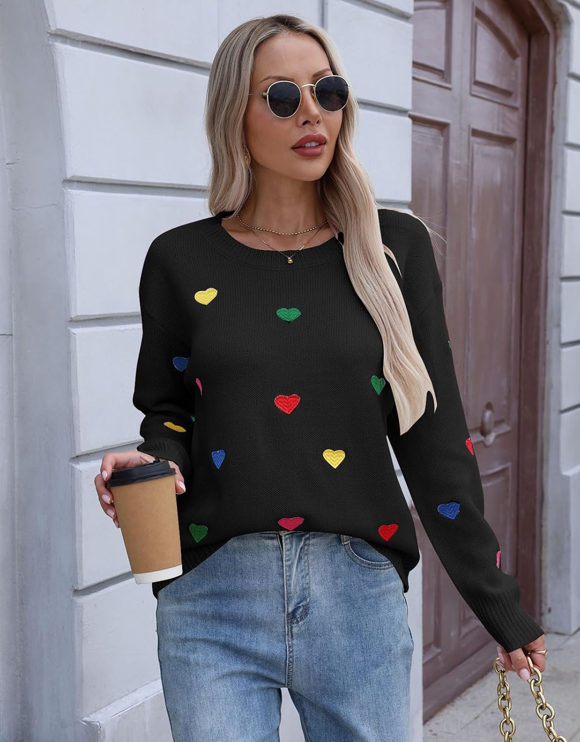 Women's Embroidered Sweater Long Sleeve Crew Neck Colorful Cute Heart Pullover Sweaters - Image 4