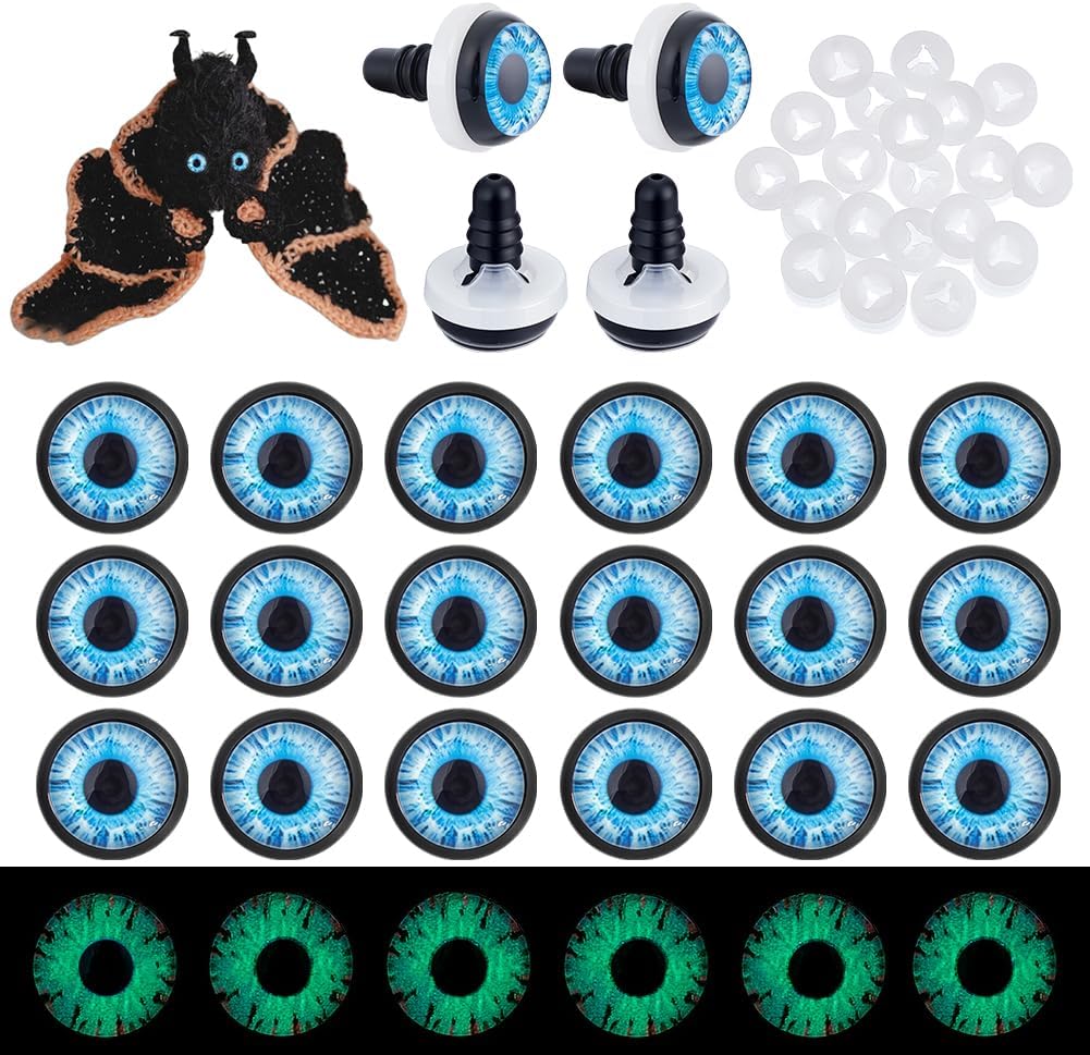 PH PandaHall 20pcs 12mm Glow in The Dark Craft Safety Eyes Dragon Eye Cabochons Light Blue Luminous Crochet Eye with 20pcs Washers for Crocheted Stuffed Animal Lizard Snake Halloween