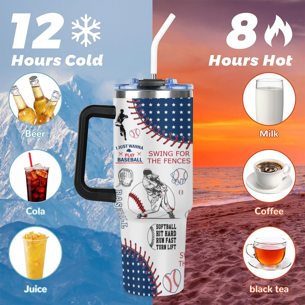 Baseball Water Bottles for Boys 40oz - Sport Travel Stainless Steel Tumbler with Lid Vacuum Insulated Leak Proof Thermo Tumbler Baseball Gifts for Men Girls, White Blue