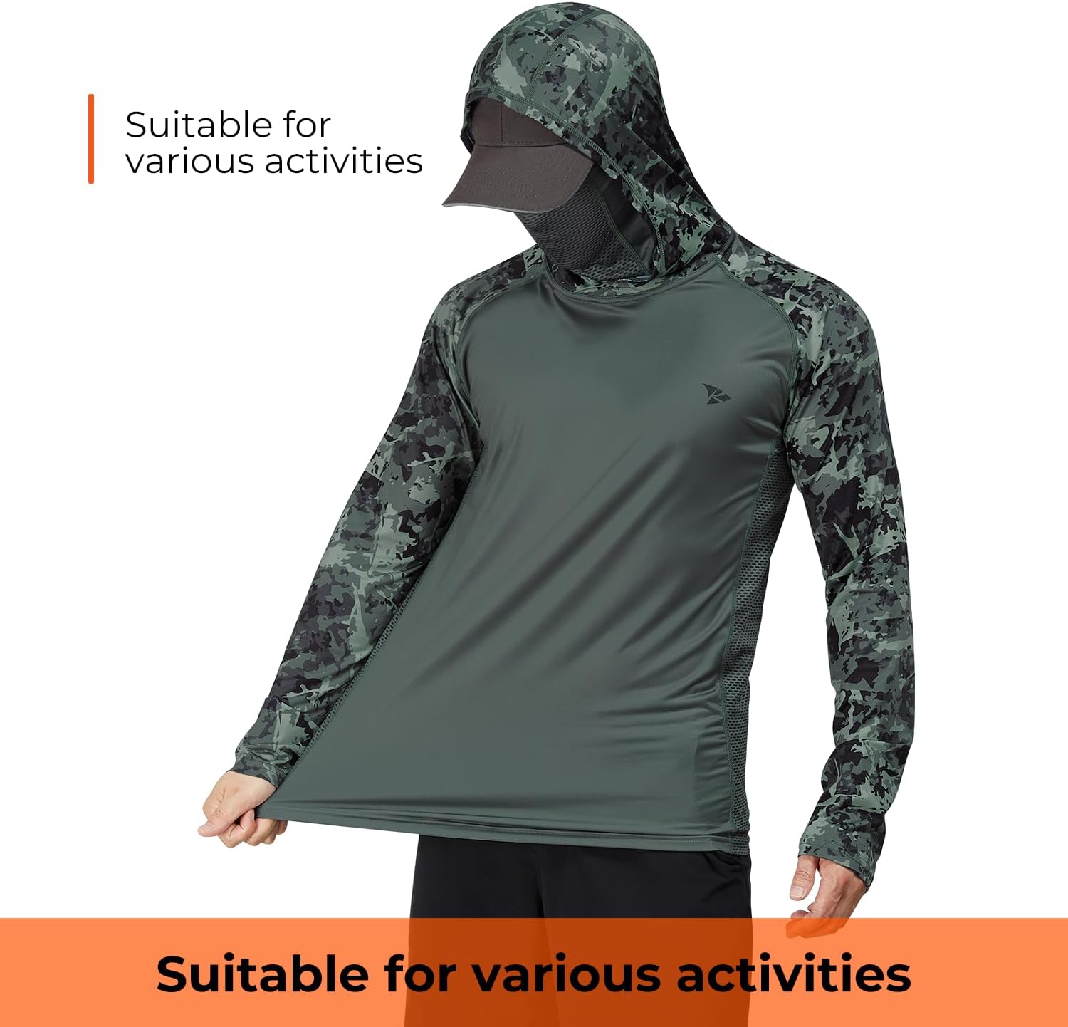 Rodeel UPF 50+ Men’s Long Sleeve Performance Fishing Hiking Shirt with Mask UV Neck Gaiter Hoodie