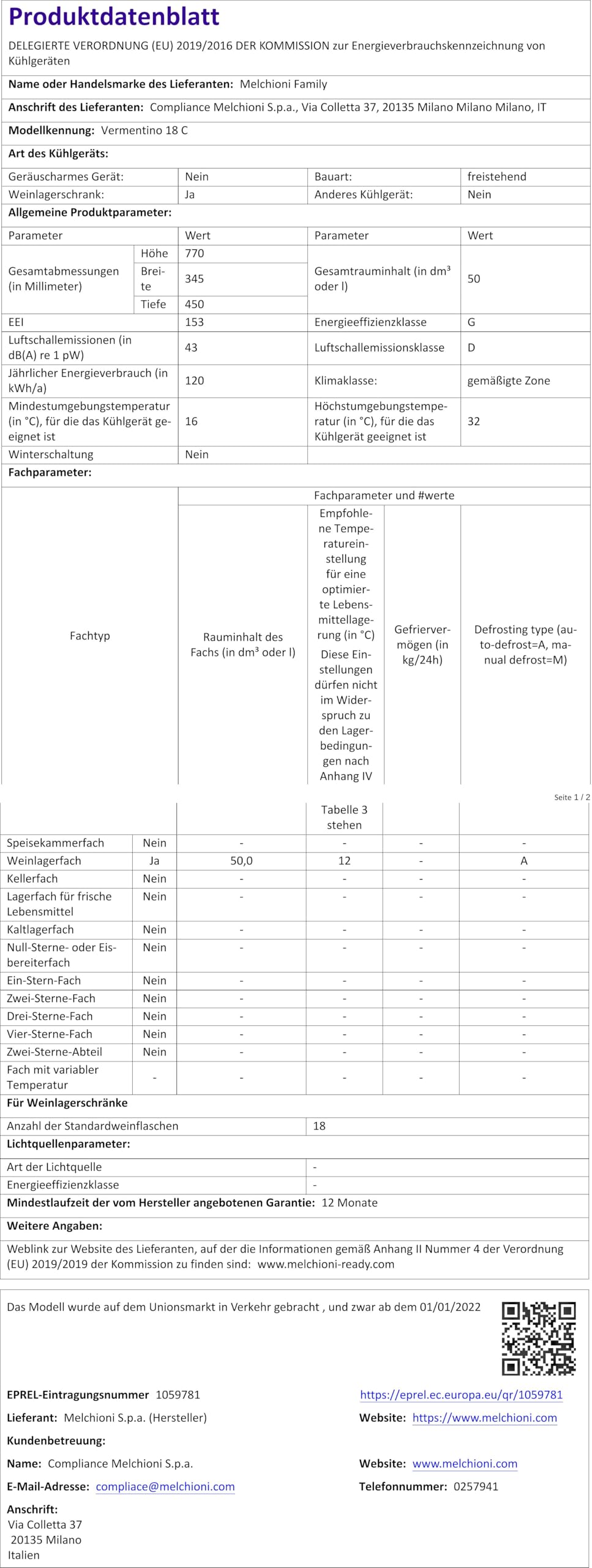 Melchioni Family | Cantinetta Vino Refrigerata, VERMENTINO 18C, Capacità 18 Bottiglie / 50 litri, Temperatura Regolabile 5-18°, con Compressore, Porta Vetro Temperato e Filtro Anti UV