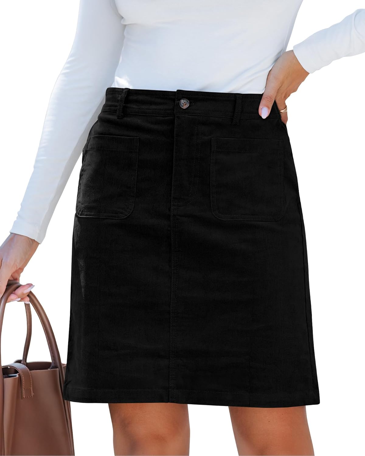 luvamia Corduroy Skirts for Women High Waisted Trendy Fall Elastic Waist Casual Stretchy Short Skirts with Patch Pockets