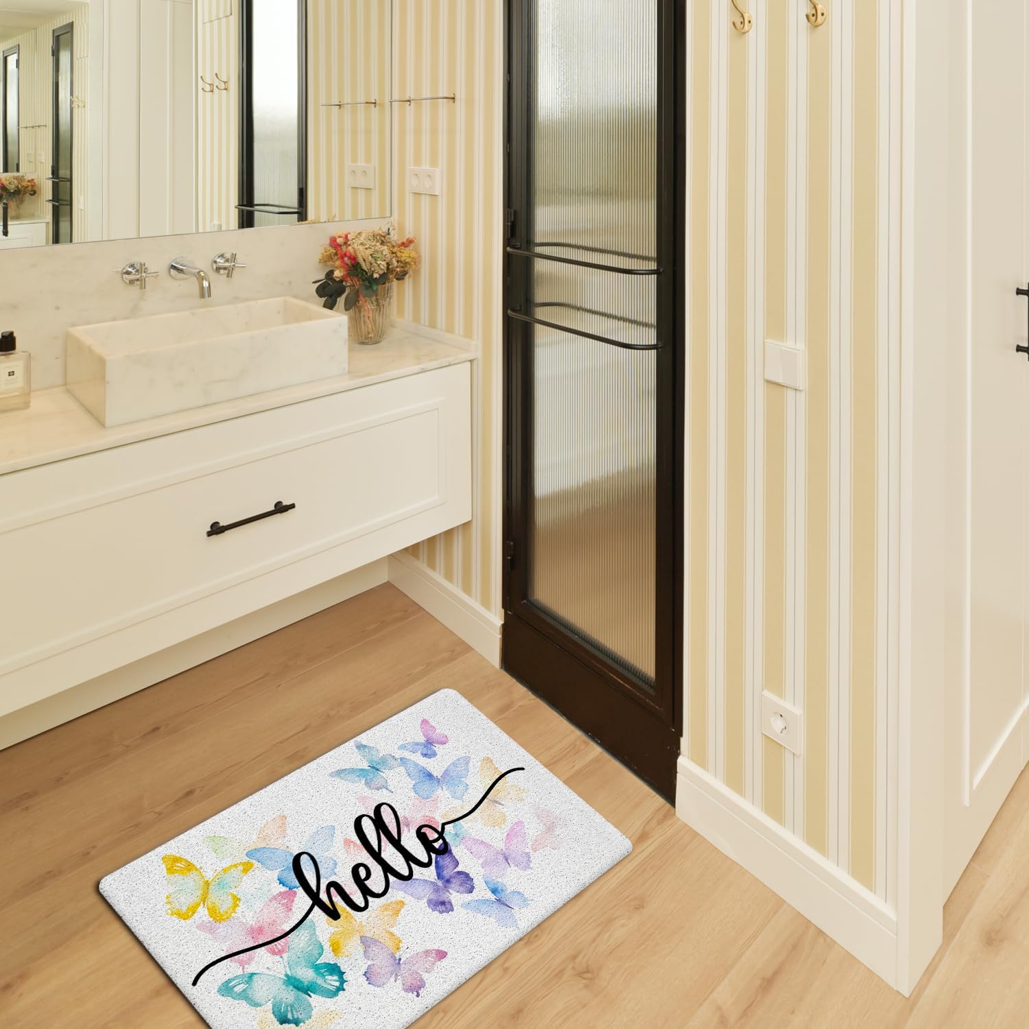 JINYO Butterfly Door Mat, Hello Door Mat Indoor Outdoor Entrance Entryway Porch, Butterfly Room Decor for Girls, Bath Mats for Bathroom, Beachy Welcome Mats, 17x30 Inch