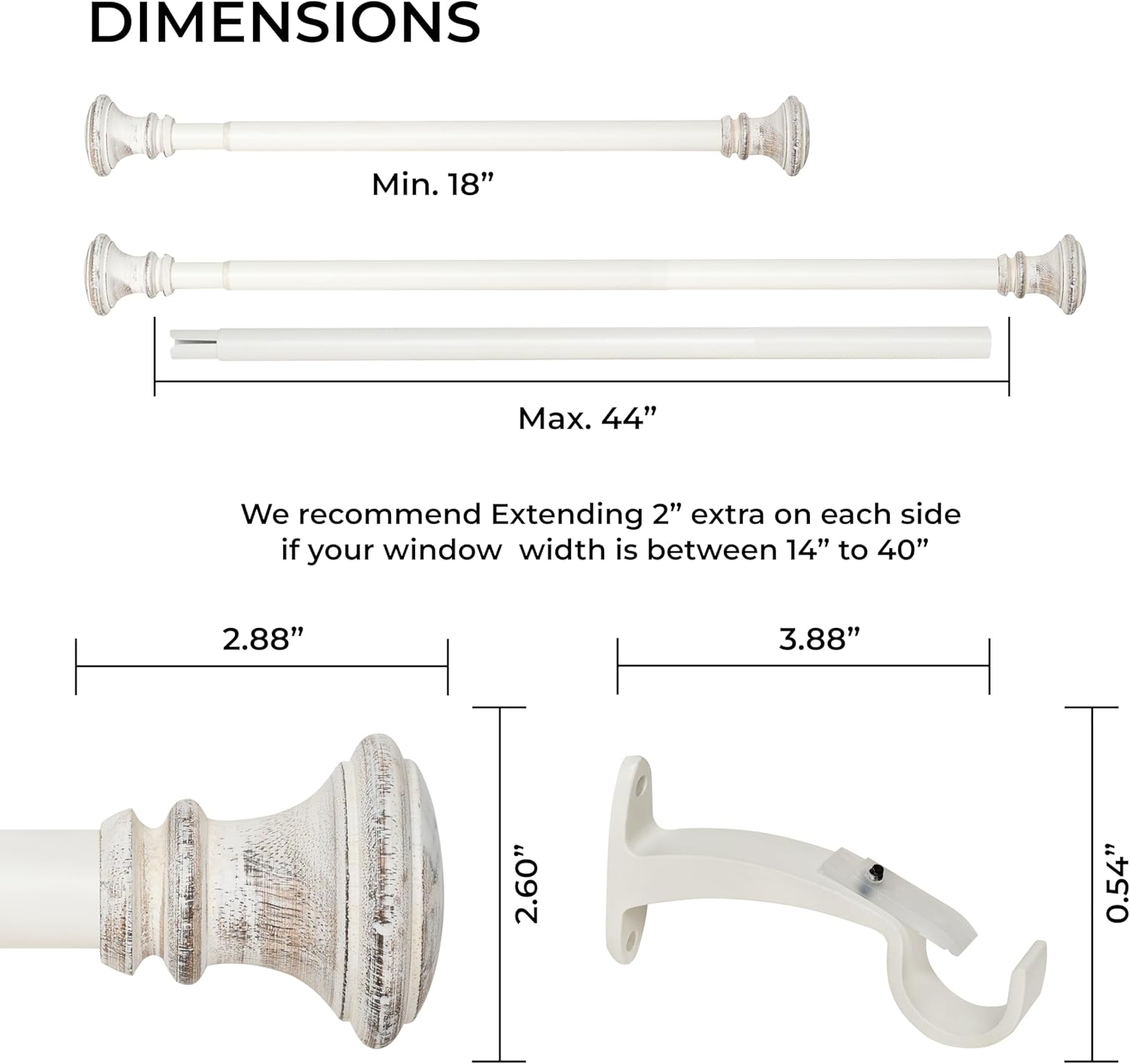 Deco Window Adjustable Curtain Rod for Windows 18 to 44 Inch Extendable Heavy Duty 1 Inch Iron Drapery Pole with Wood Trumpet Finials Wall Mounted Door Farmhouse Curtain Rods (Pack of 1, Ivory)