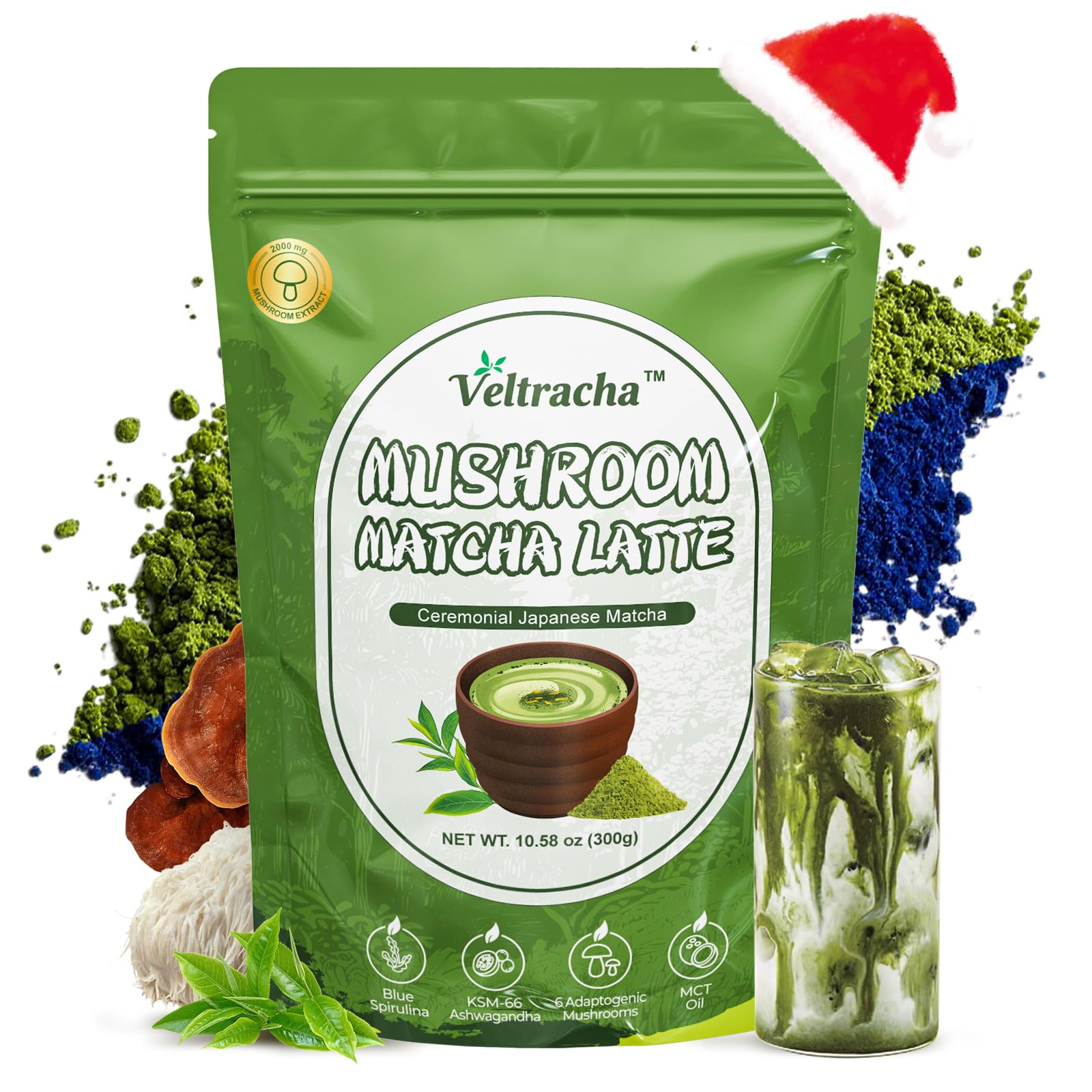 Veltracha Mushroom Matcha Latte, Japanese Ceremonial Grade Matcha with Blue Spirulina & Ashwagandha, Adaptogenic Mushrooms Matcha Powder for Focus,
