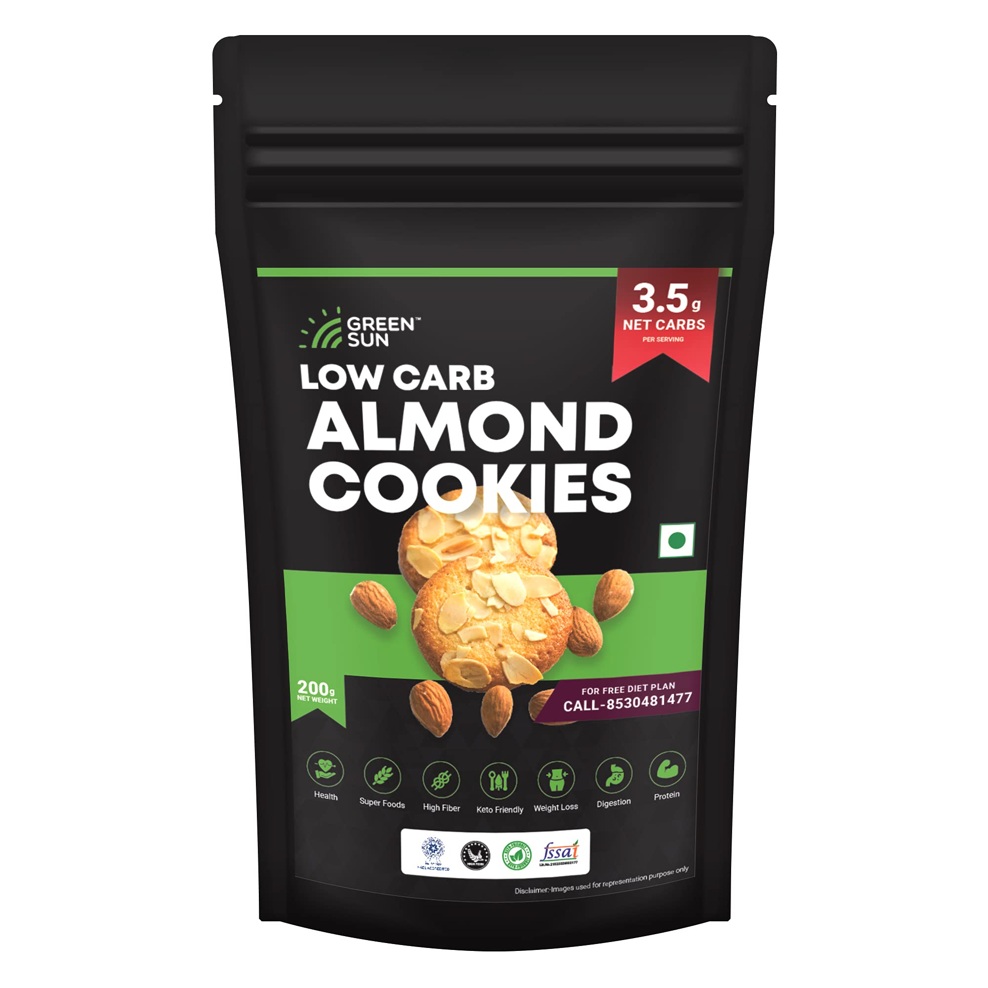 Green Sun Low Carb Almond Cookies |200 Gm | 0.5 g Net Carb Per Cookie | Keto Friendly| Sugar Free | Natural Sweetener Stevia |Healthy | High Fiber | Super Foods | Crispy (Pack of 1)