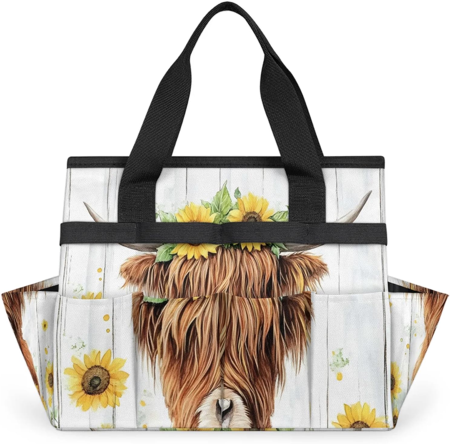 Highland Cow Garden Tote Bag for Women Men, Funny Cattle Bull Cow Heavy Duty Garden Tool Bags Organizer with 10 Pockets for Gardening Gift