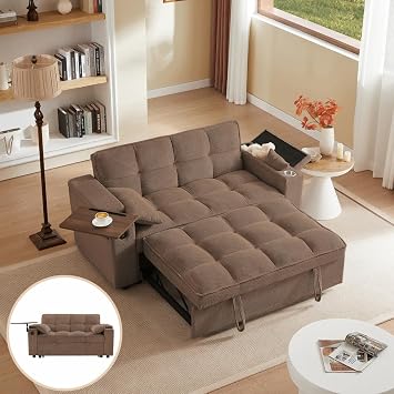 Auvsoce 65 Convertible Sleeper Sofa Bed with Adjustable Backrest, Chaise Lounge, Side Table & USB/Type-C Ports Stylish & Functional Addition to Any Living Room Brown