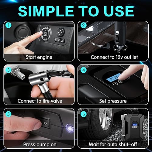 Miniatura 8 de Kairiyard Inflador de neumáticos, compresor de aire portátil, bomba de aire de 12 V CC para neumáticos de automóvil, bomba digital de neumáticos