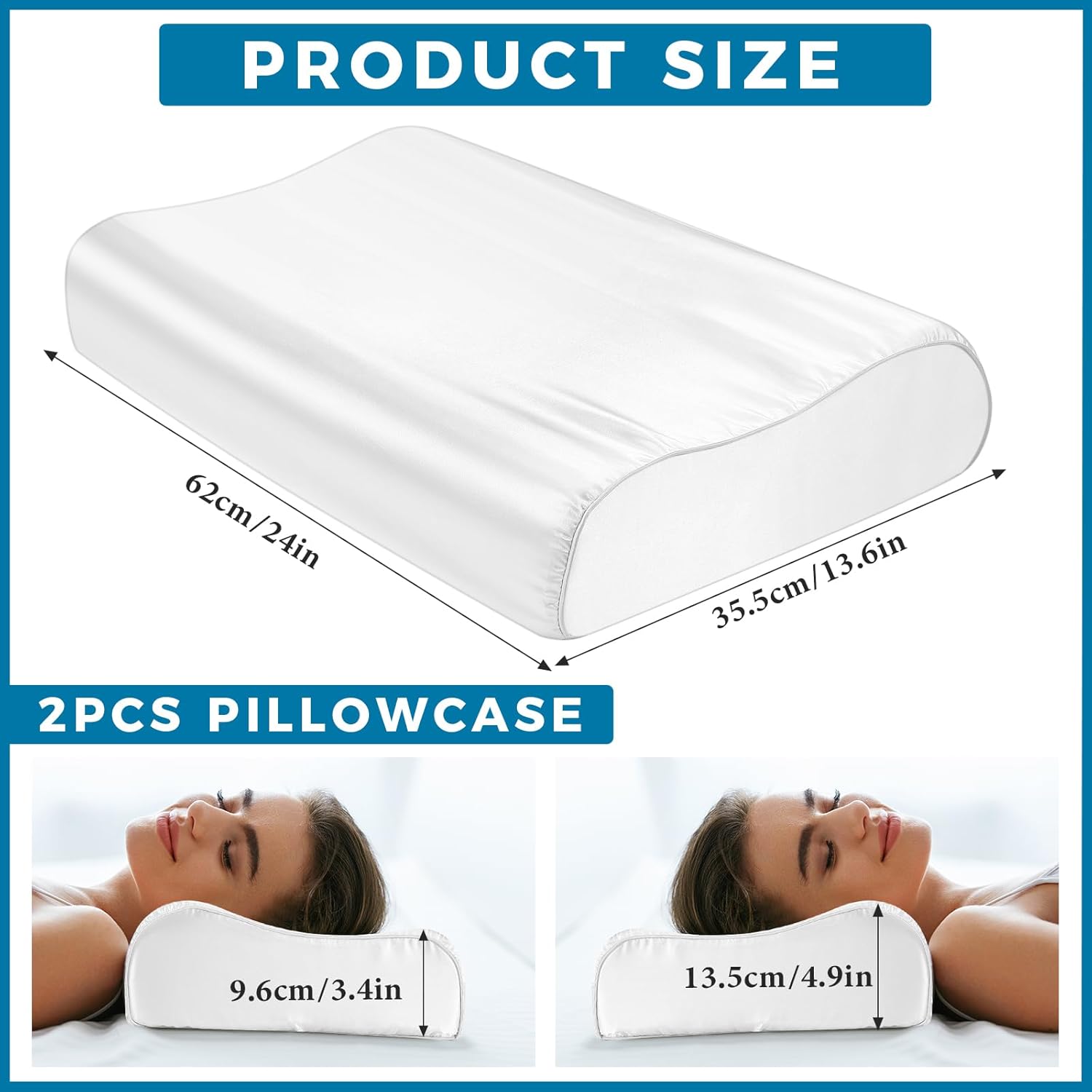 Breling 2 Pcs Silk Pillowcase for Memory Foam Pillow Neck Pillow 24 x 14 Inch Satin Pillow Case for Contoured Support Pillow Wave Shape Pillow Case Soft Smooth Pillowcase for Neck Pillow (White)