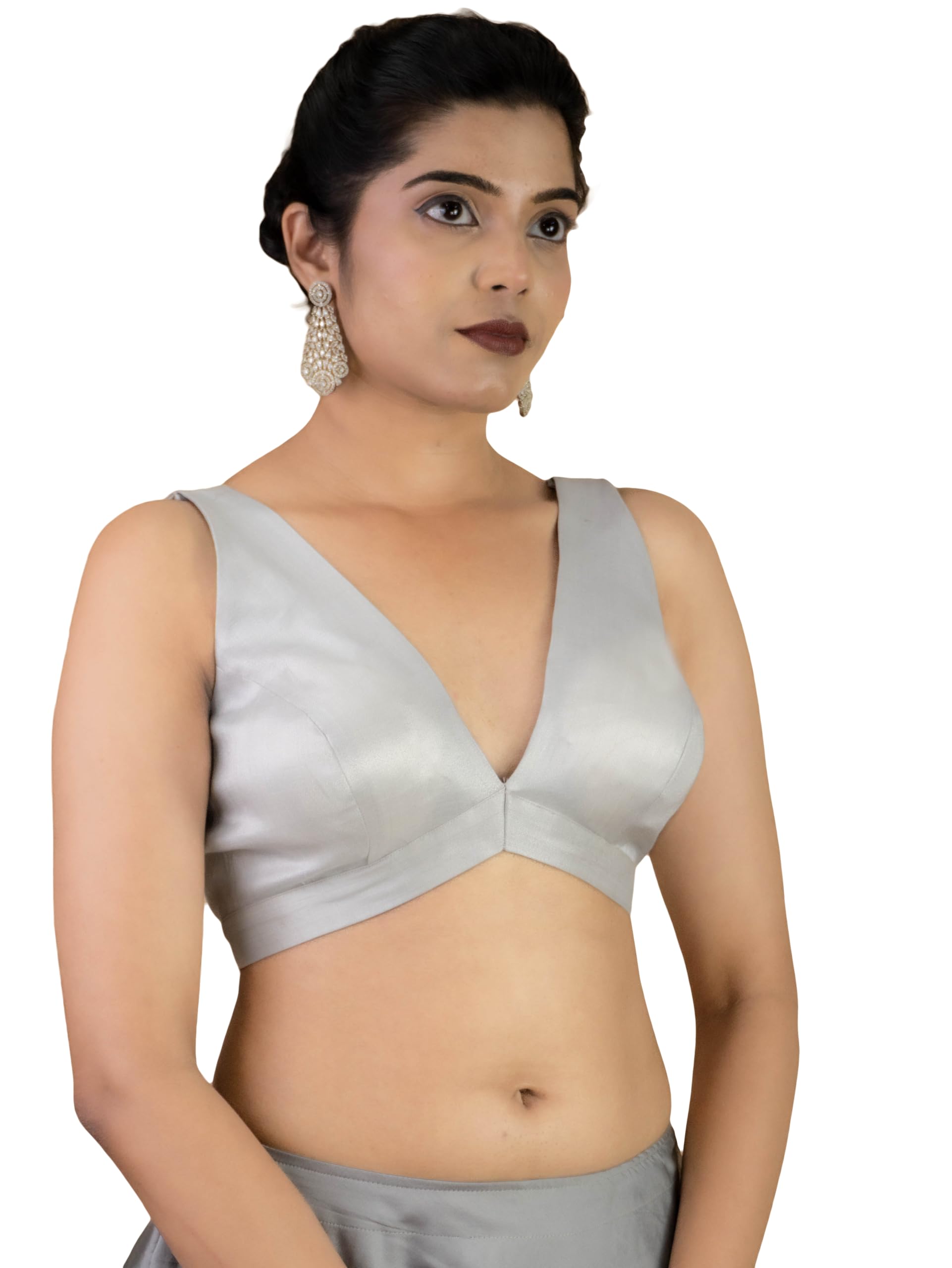 Women's V Neck Sleeveless Bow Tie Adjustable Back Readymade Silk Saree Blouse S21-image-45