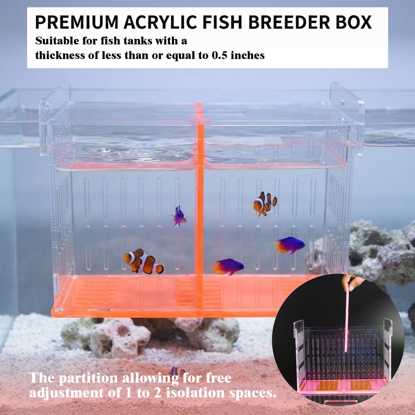 Fischzüchterbox für Aquarium, Acryl-Brutkasten mit langem Griff Netz – Zucht- und Isolationsbox für Babyfische, Garnelen, Betta Guppy, Tankteiler (Orange, 22,9 x 13,5 x 17 cm)