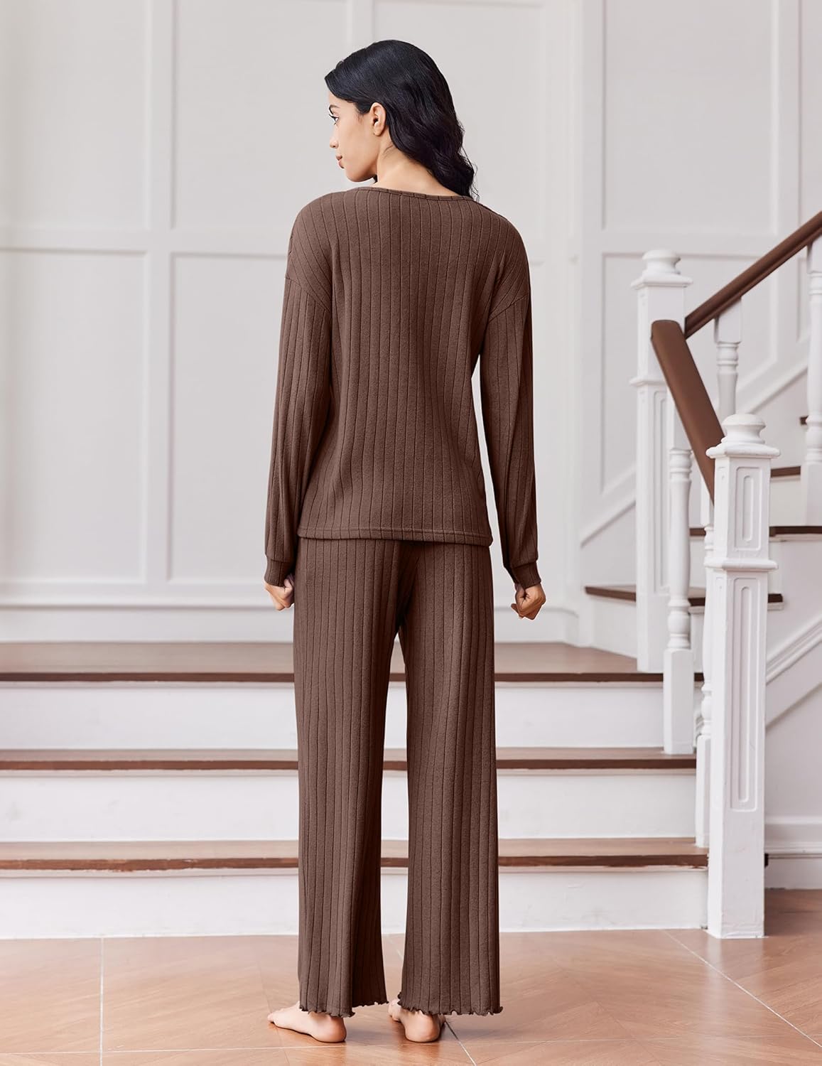 Ekouaer Lounge Sets for Women Comfy Ribbed Knit Pajamas Fall Long Sleeve Sleepwear 2 Piece Casual Loungewear,S-XXL - Image 3