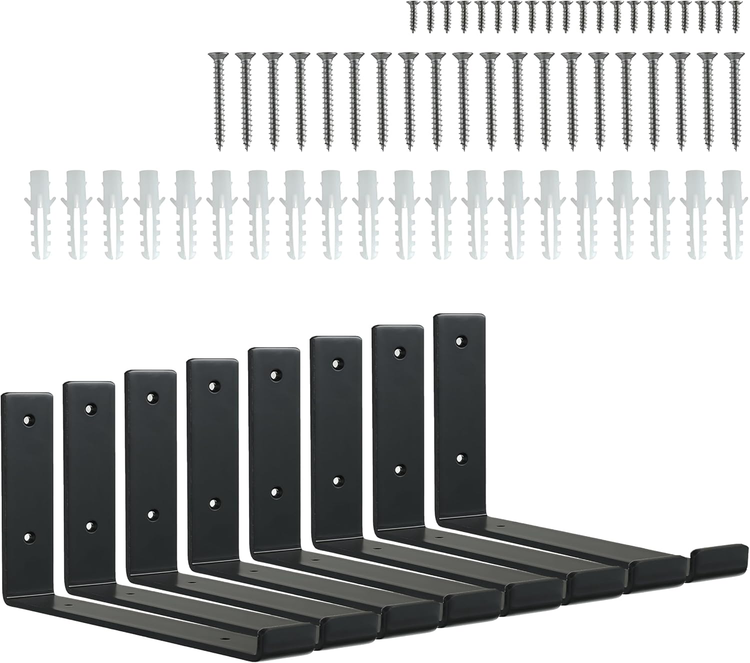 HEART ART Black Shelf Bracket 8 inch, J Metal Heavy Duty Shelf Support Brackets 8 Pack，8.3" L×4" H×1.5" W.