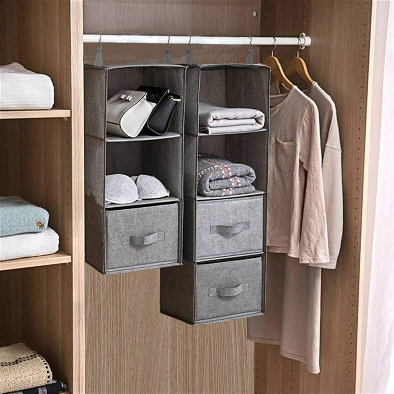 Hängeorganizer Hängeaufbewahrung mit Fächern, Multifunktionale Hängeregal Kleiderschrank Organizer Aufbewahrung mit 2 Metallhaken (Gelb,4 Ebenen mit 2 Schubladen)