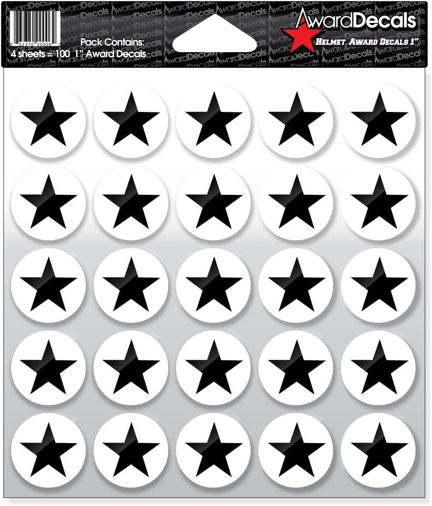 Star (Black on White) (100 Decals) 1" The Original Award Decals Premium 20mil Thick Helmet Decals Made in The USA Since 1976