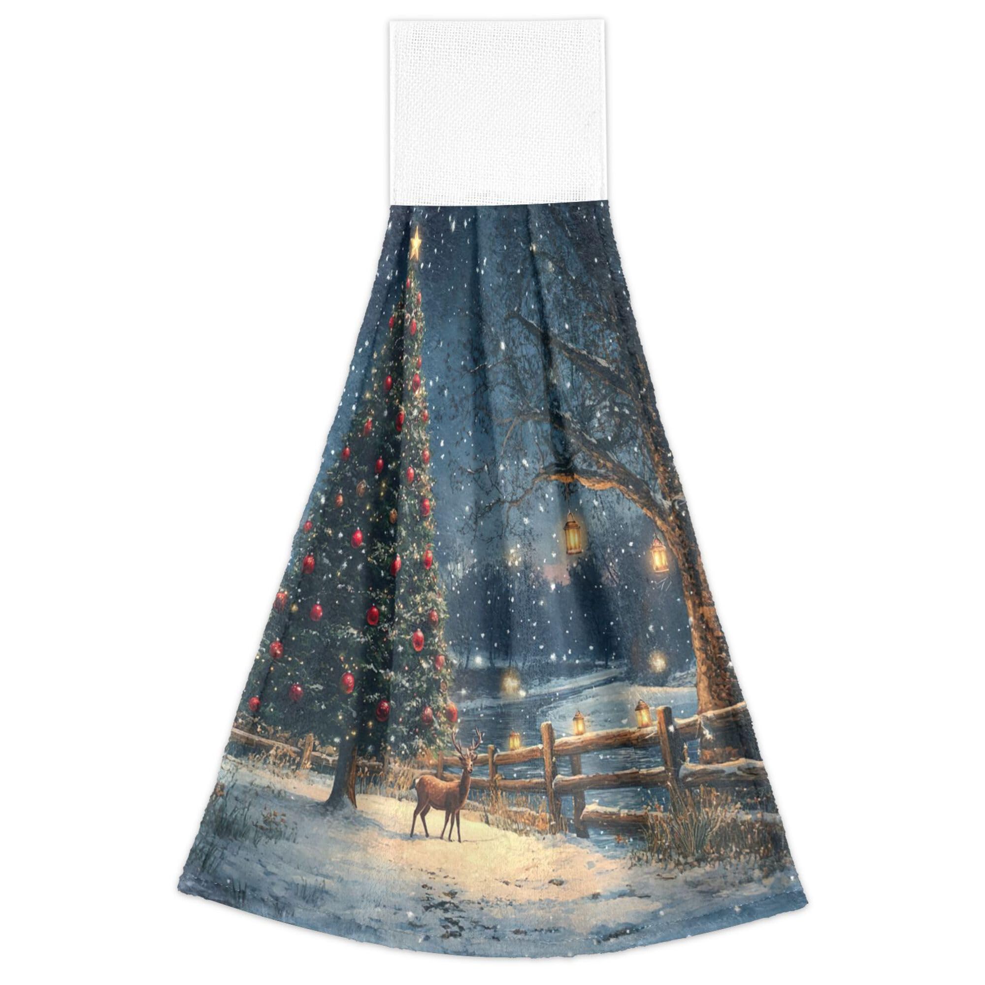 xigua Cute Christmas Tree Kitchen Tie Towel Set of 2, Fast Absorbent and Soft Kitchen Towels with Hanging Loop and Magic Stickers, Hanging Cloth Hand Wipes Towels for Bathroom Kitchen