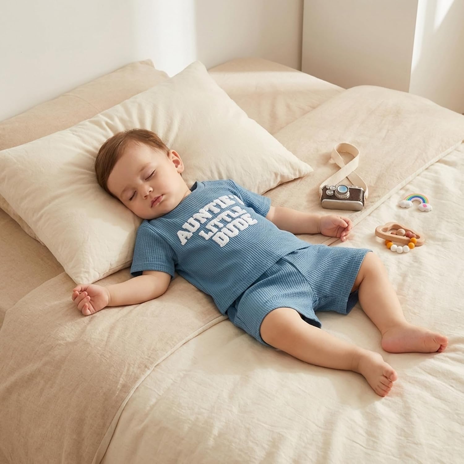 Aunties Little Dude Baby Outfit Toddler Boy Short Sleeve T Shirts and Waffle Shorts Set 2Pcs Infant Summer Clothes