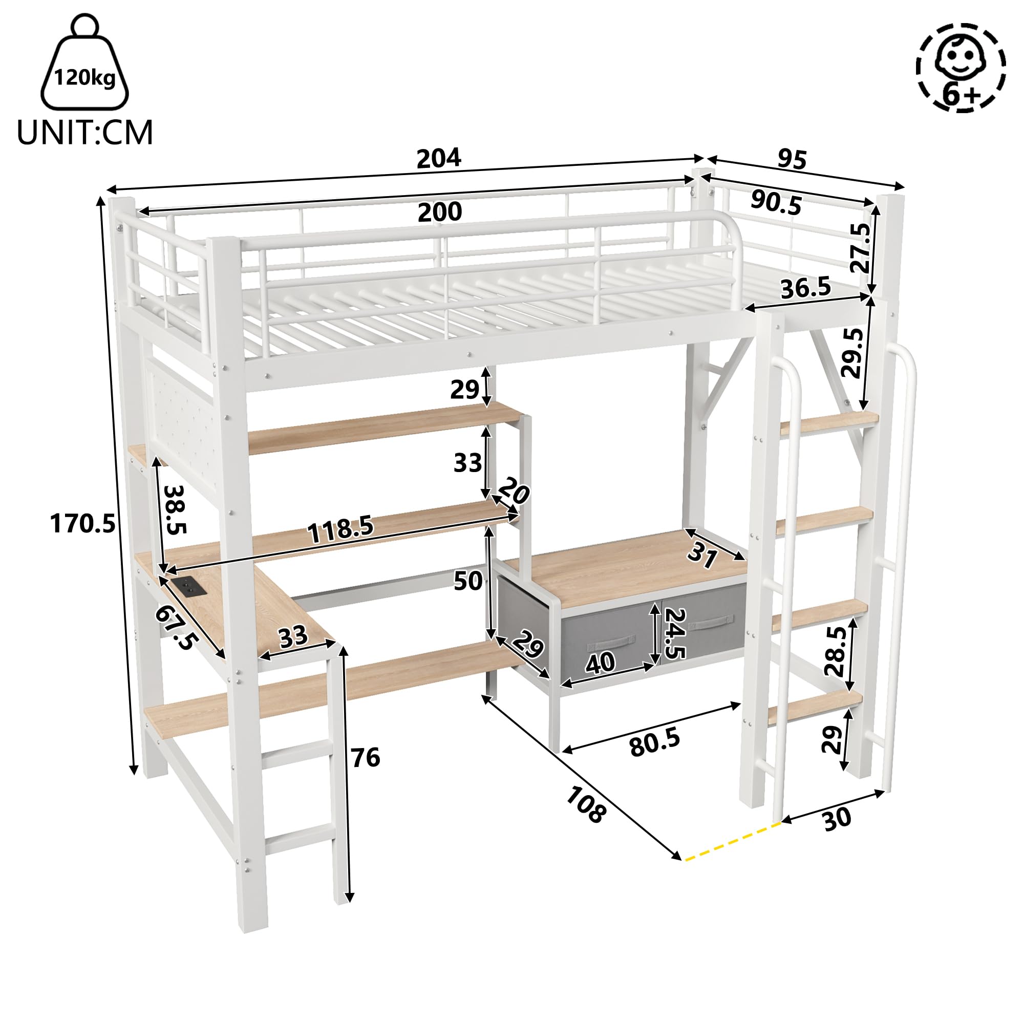 Hochbett 90x200 mit LED Streifen & USB, Kinderbett mit Schreibtisch
