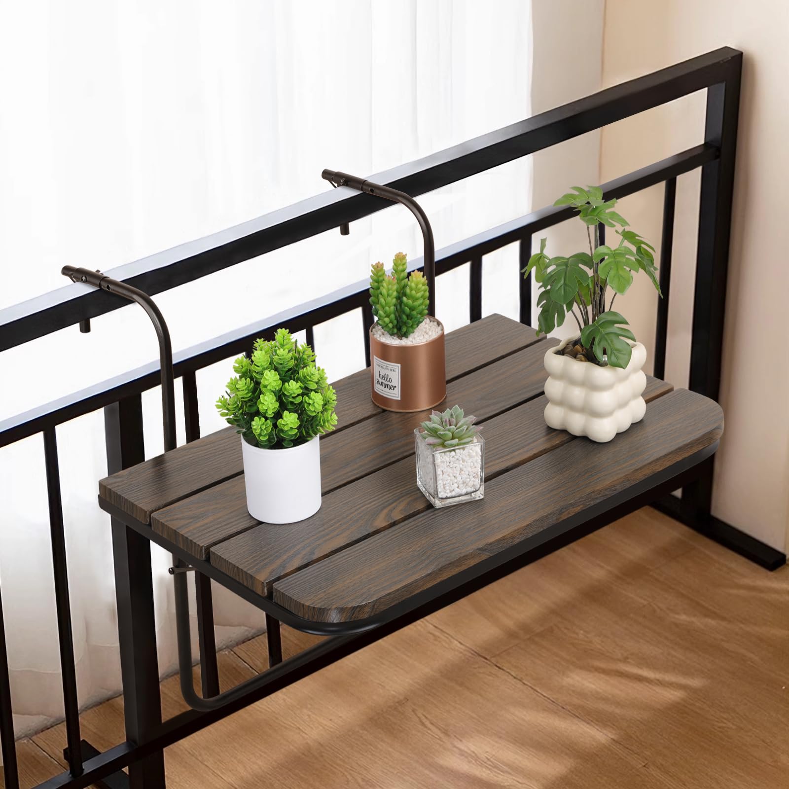 Table de bar pliante pour balustrade de balcon, table de bar réglable à suspendre, table de bar pour extérieur, intérieur, patio, balustre, table de jardin sur balustrade, marron rustique