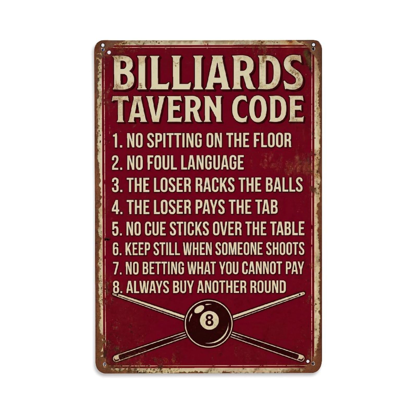 Billiards Tavern Code Pub Humor Metal Tin Sign Plaque Wall Decor for Cafe, Club Bar, Office, Home Garden Metal Poster 8x12Inch