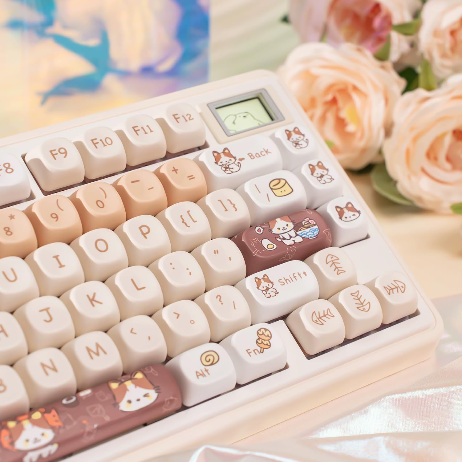 142 Teclas Lindas Teclas de Perfil Moa, Teclas PBT, Teclas Personalizadas Gatos, Teclas Blancas 60 por ciento Lindas Teclas para Teclado Mecánico