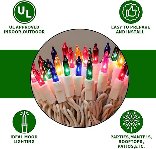 Miniatura 2 de JUSTPRO - Tira de luces multicolor de alambre blanco de 21.6 pies, 100 luces incandescentes de Navidad, con certificación UL, mini luces de Navidad