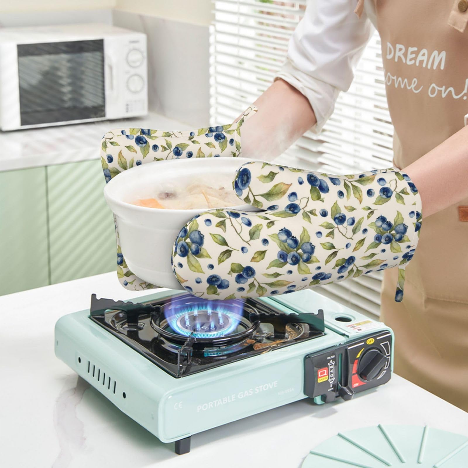 Juego de 4 manoplas de horno y agarraderas de acuarela y arándanos, guantes de horno y agarraderas de frutas azules, resistentes al calor, decoración de hojas botánicas, guantes de cocina