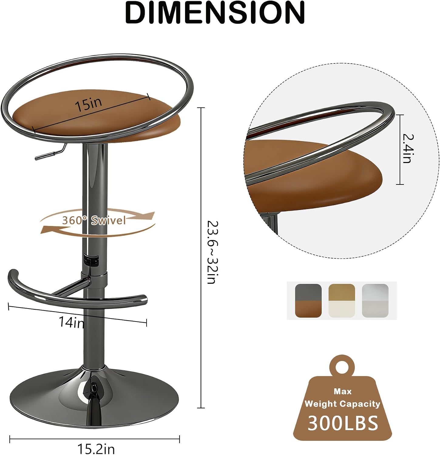 Bar Stools Set of 2, Adjustable Swivel Counter Height Barstools with Upholstered Seat, PU Leather Counter Stools for Bar, Kitchen Island, Dining Room, Gloss Black