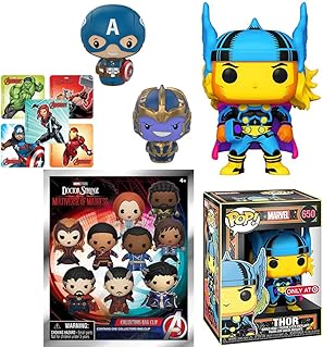 Champions Captain America Pint Figure Bundled with Pop! Mighty Thor Blacklight Exclusive + Doctor Strange Hanger Blind Bag + Thanos Mini Marvel Heroes 4 Items